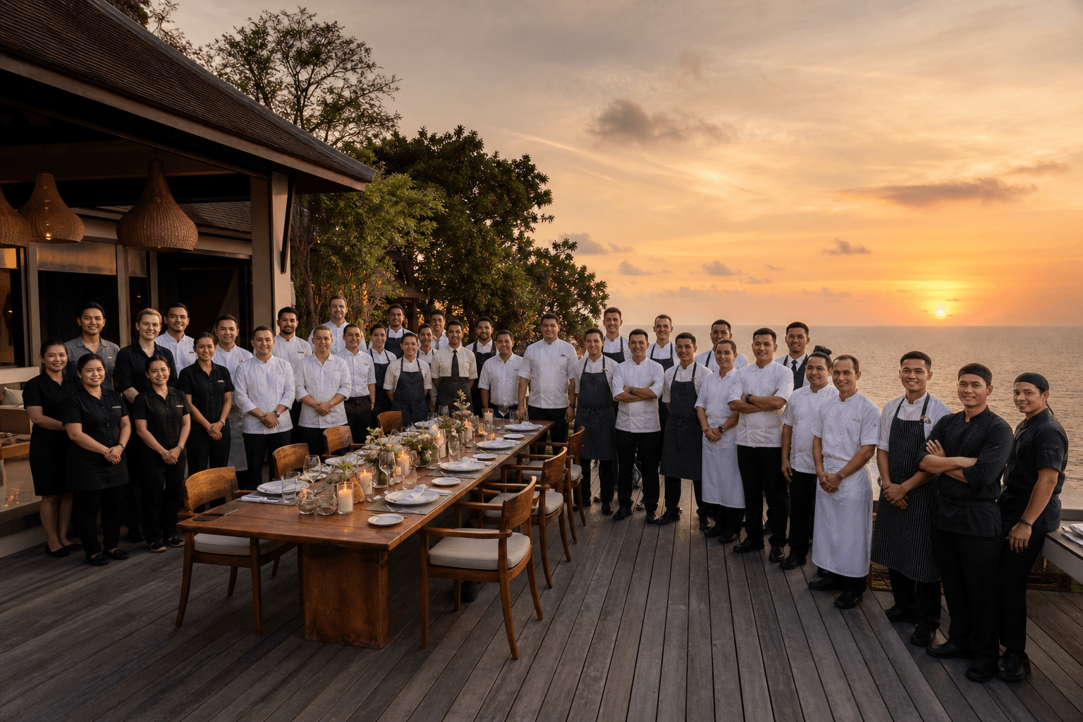 A staffed Maui villa service — a brigade assembled on an open-air deck at sunset.
