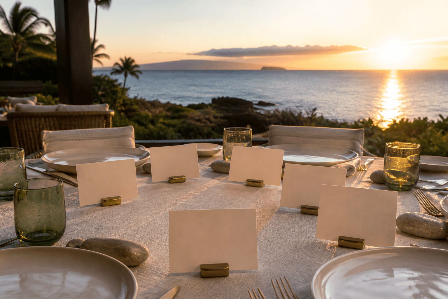 A Wailea lānai table at west sunset with blank cream place cards, brass clip, Molokini faint.