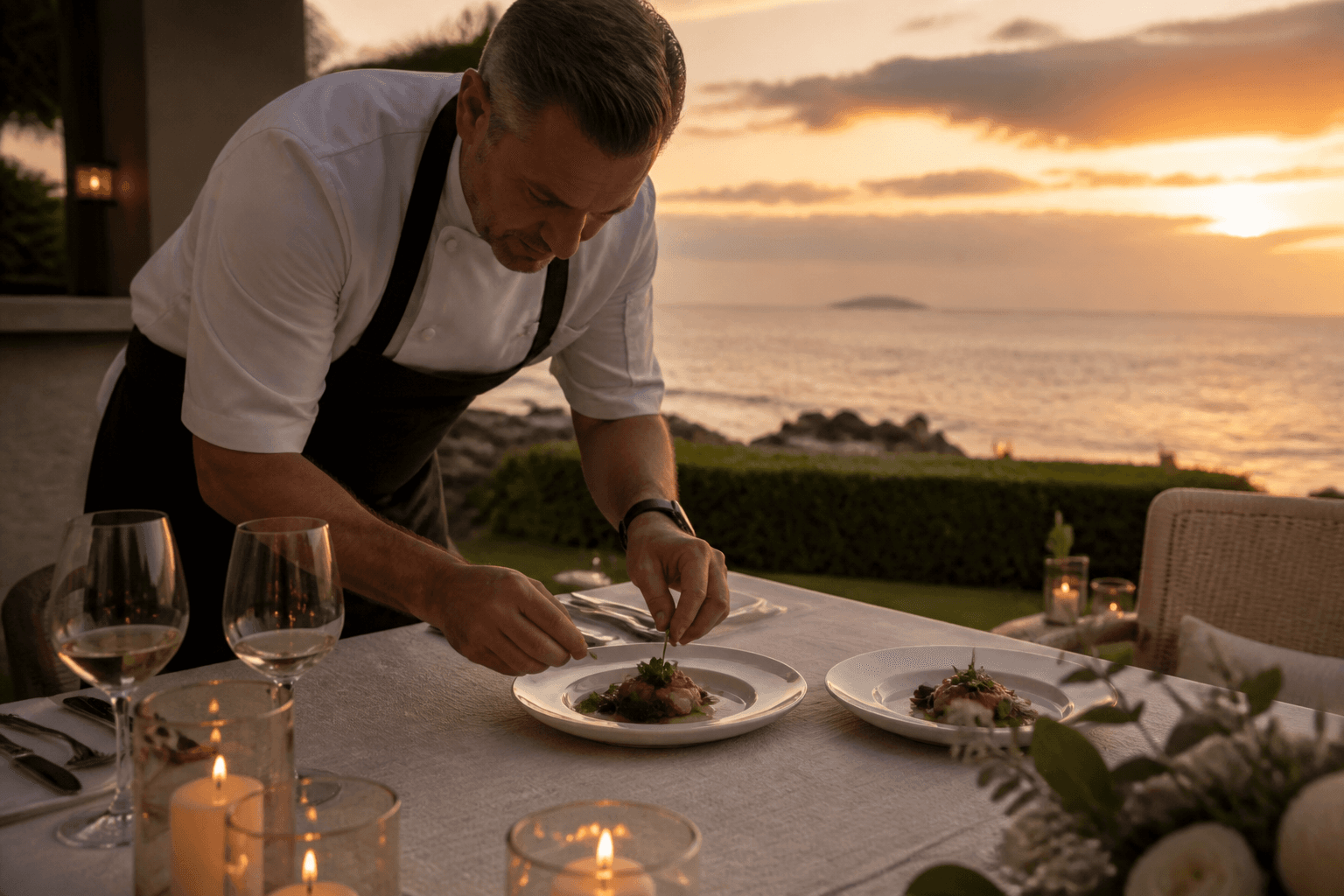 A chef plating two intimate ivory dishes on a Wailea villa terrace at west sunset, Pacific beyond.