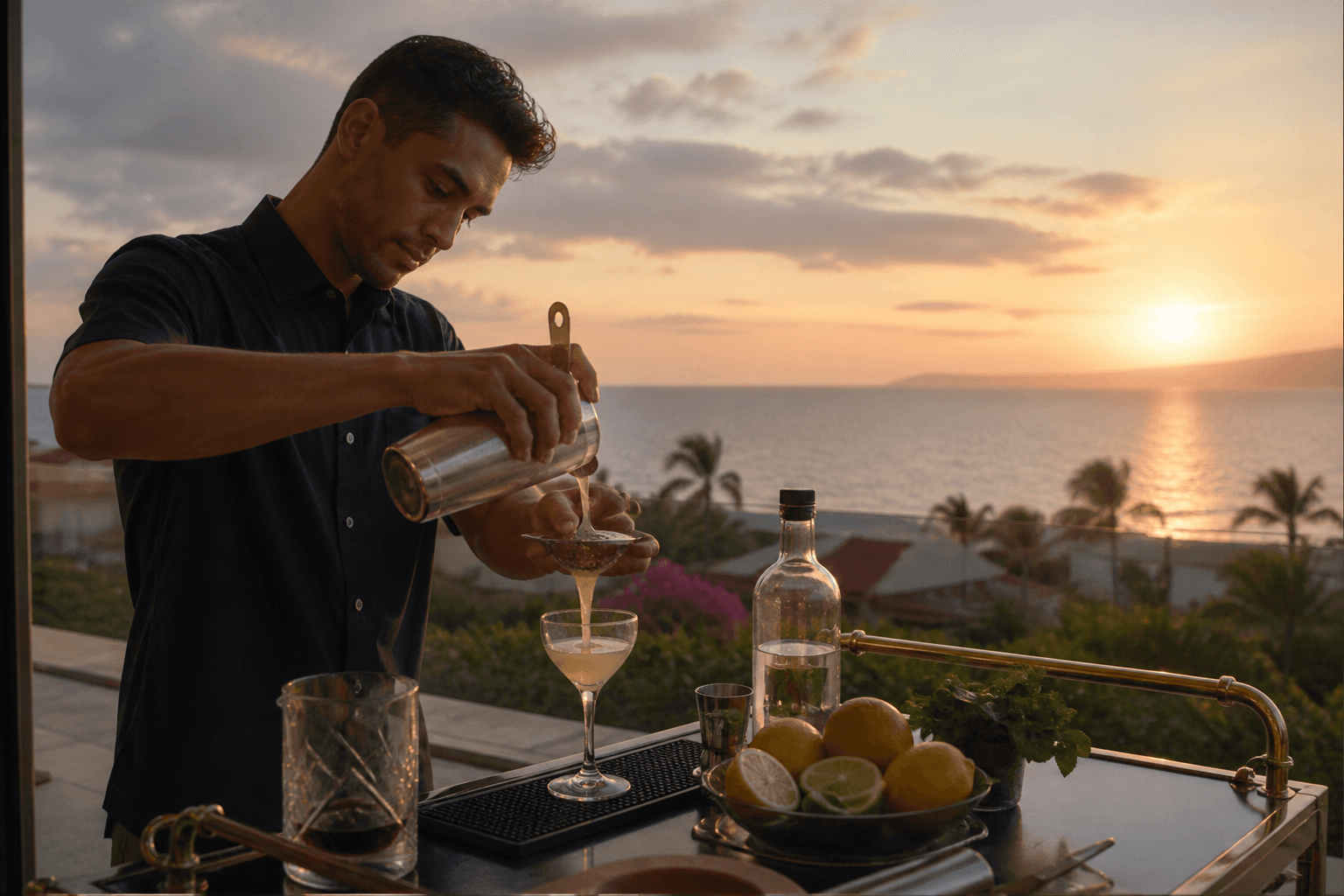 A bartender straining a citrus cocktail on a Wailea terrace bar cart at west sunset, unlabeled bottle.