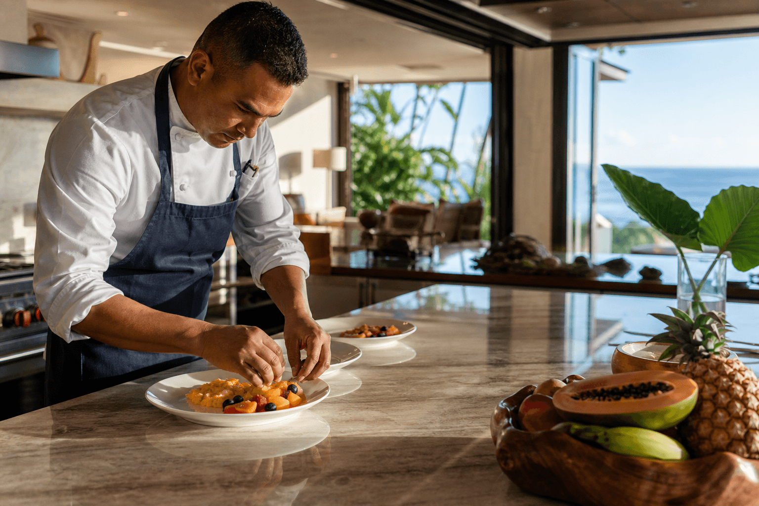 A chef plating morning eggs and fruit on ivory plates in a Wailea villa kitchen, west morning light.