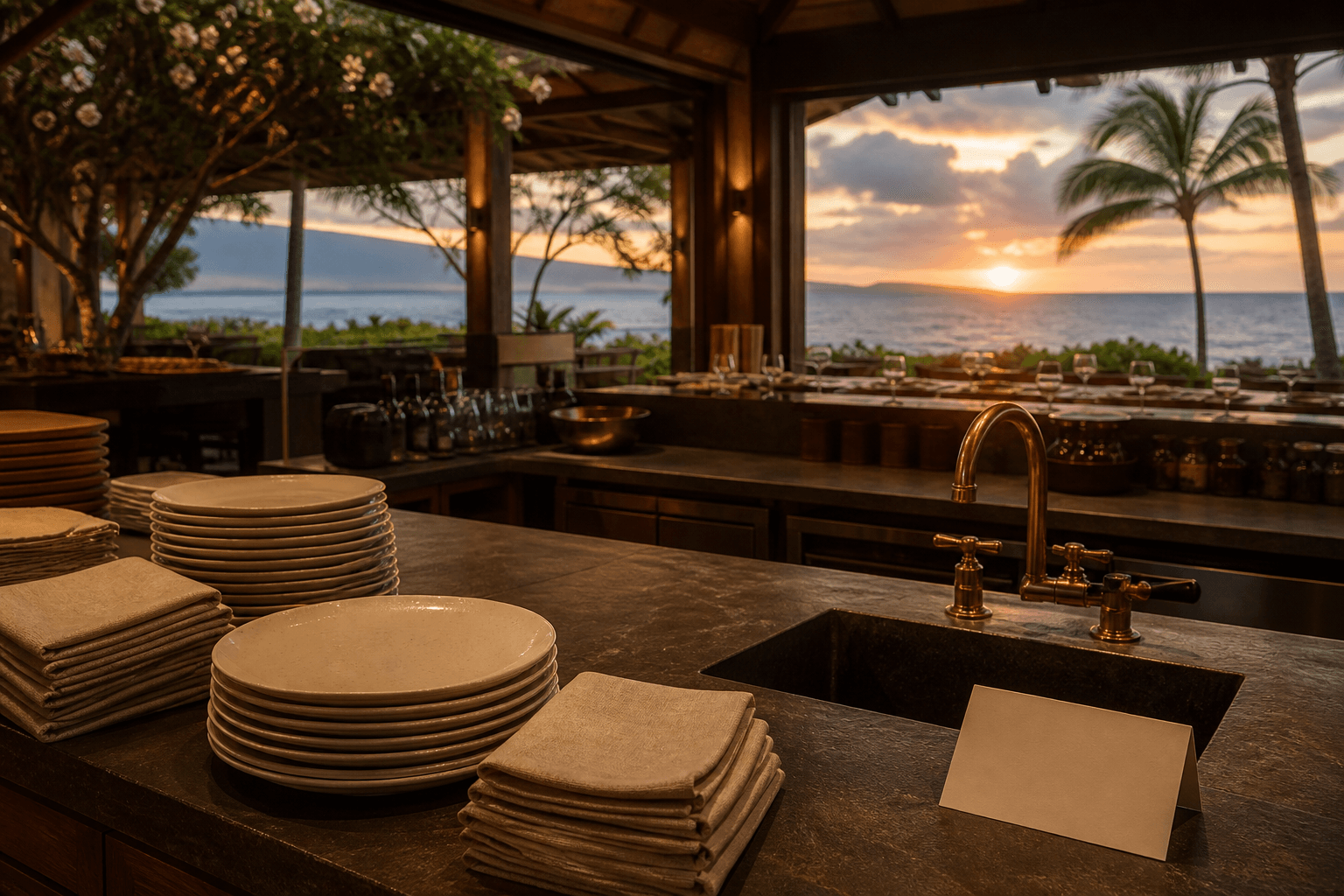 Stacked plates and folded sand linen on a Wailea kitchen counter after service at west sunset.