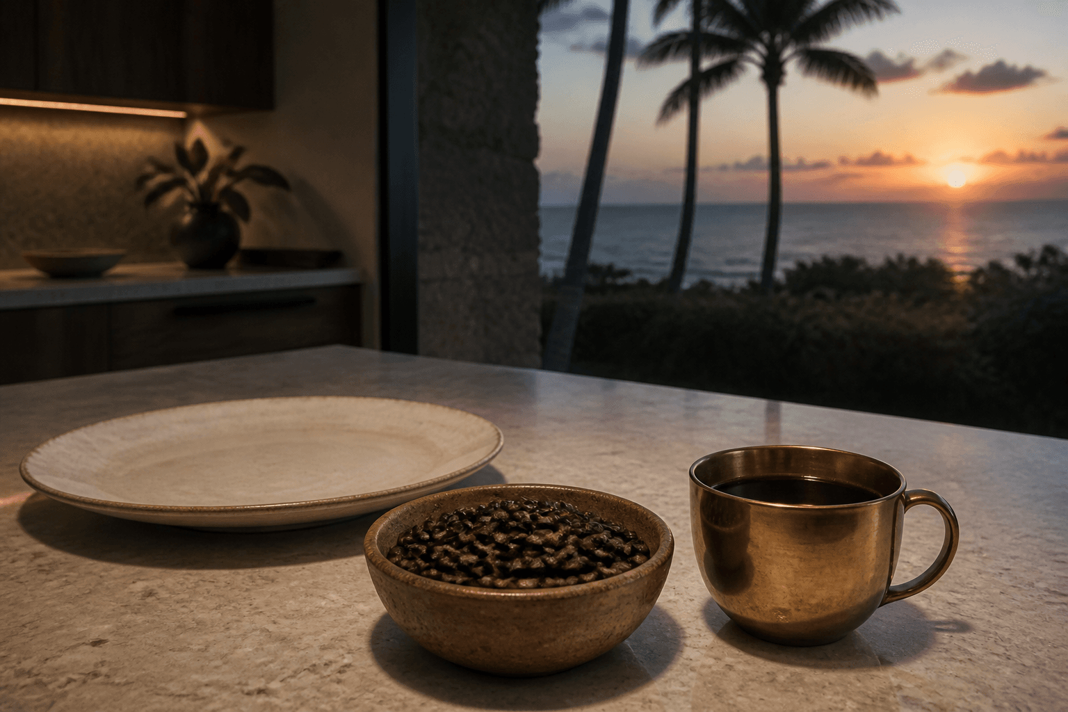 Unmarked roasted coffee beans in a clay bowl and a brass cup on a Wailea kitchen island at west sunset.