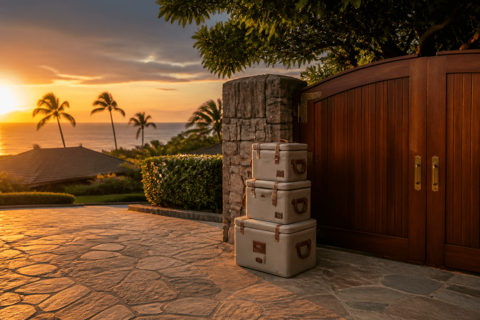 Stacked canvas coolers beside a closed Wailea wooden gate at west sunset, no logos.