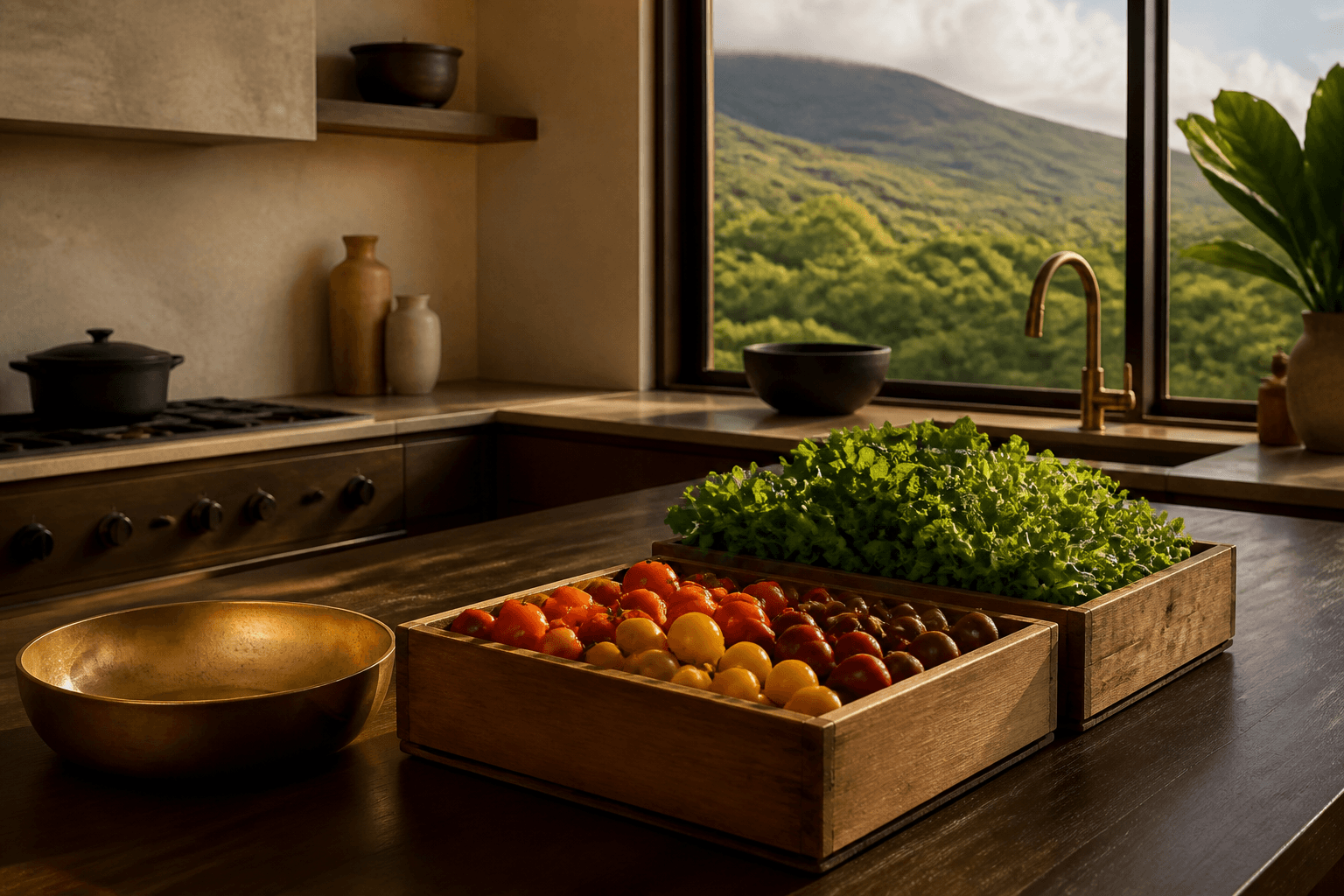 Unmarked produce crates of tomatoes and greens on a Wailea kitchen island, Haleakalā slope inland.
