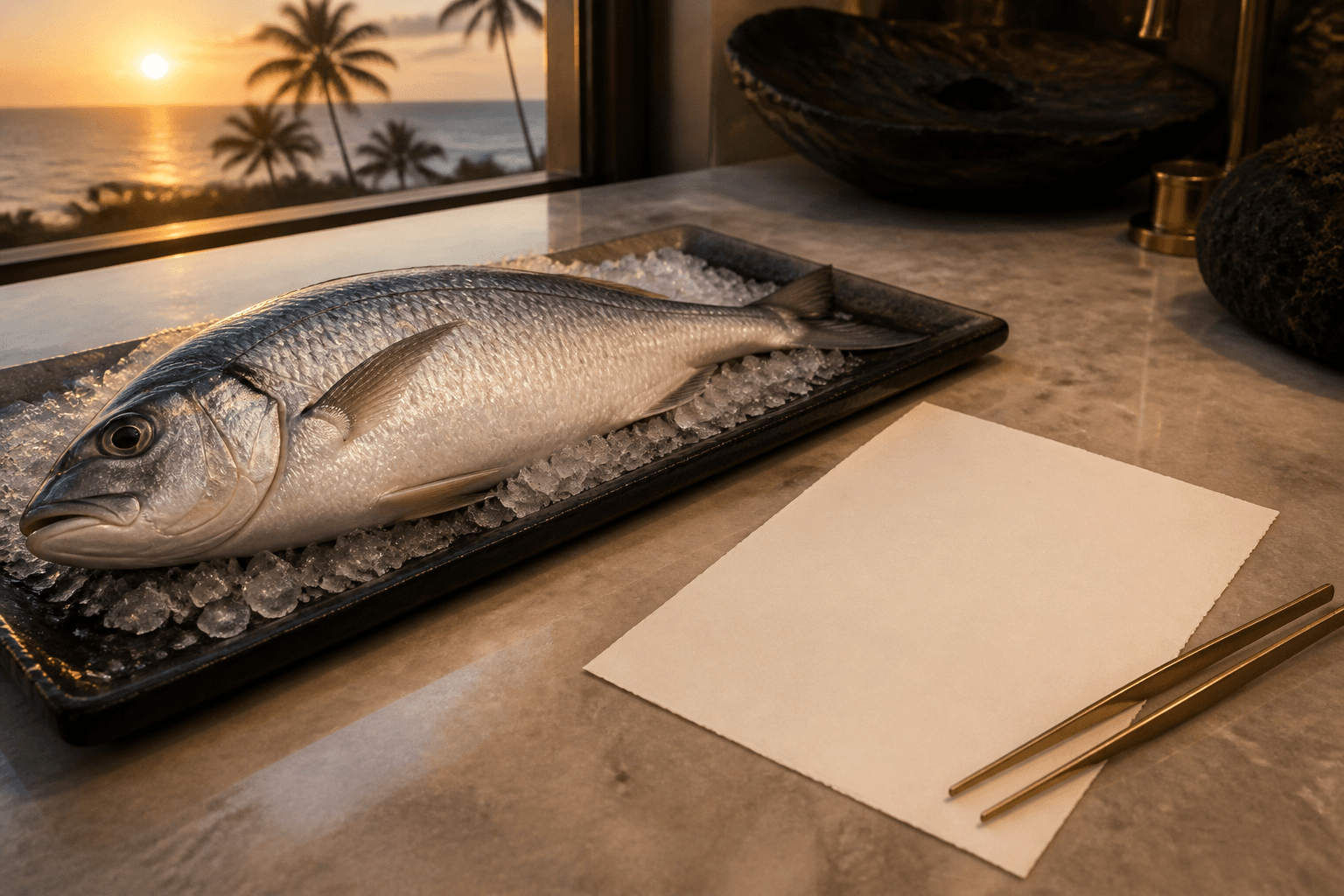 A whole unmarked silver fish on crushed ice on a Wailea kitchen counter at west sunset, blank cream paper beside it.