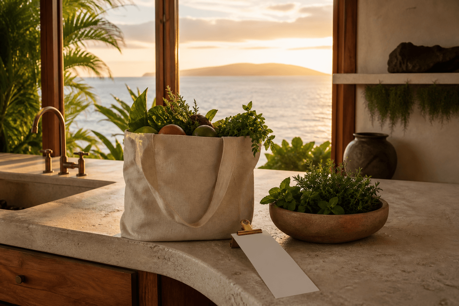 A canvas grocery tote and blank receipt paper on a Wailea kitchen counter at west sunset.