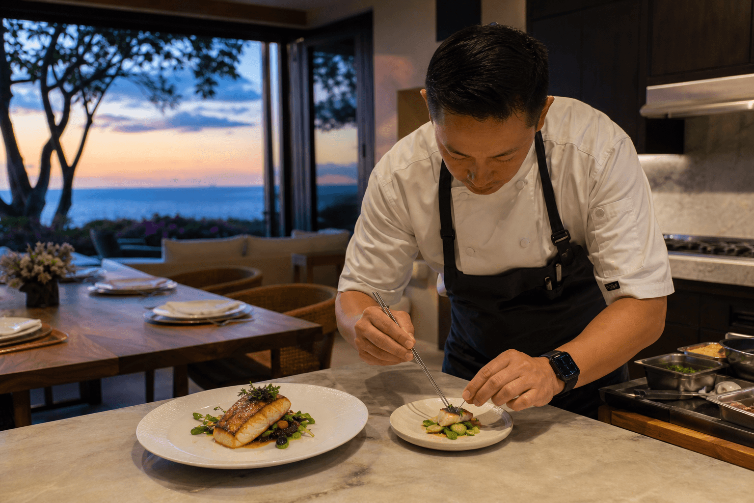 A chef plating a smaller ivory kids plate beside an adult fish course in a Wailea villa kitchen at dusk.
