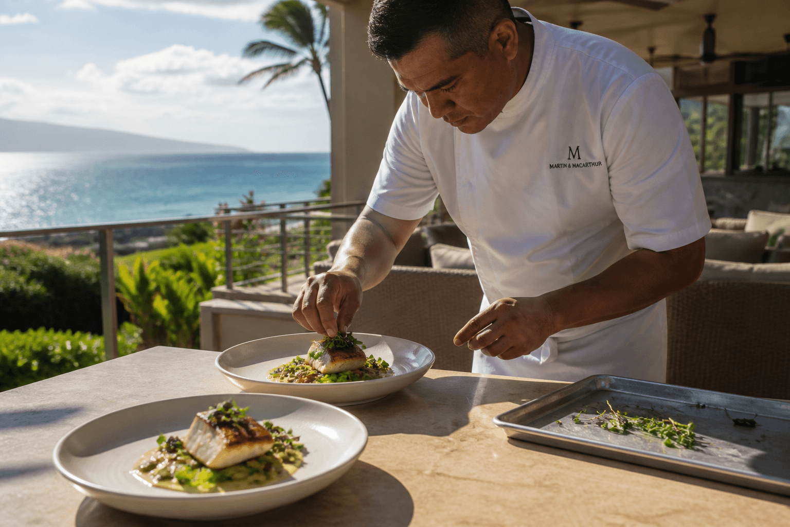 A chef plating a midday fish lunch on a Wailea lanai table in hard sun, Pacific beyond.