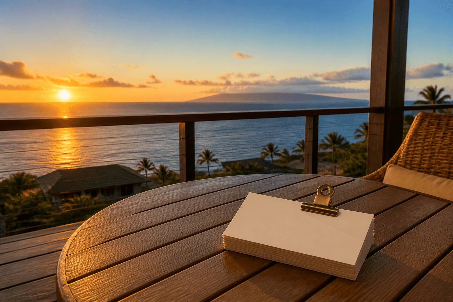 Short note cards on a Kāʻanapali deck table at west sunset, brass clip, Lānaʻi faint on the horizon.