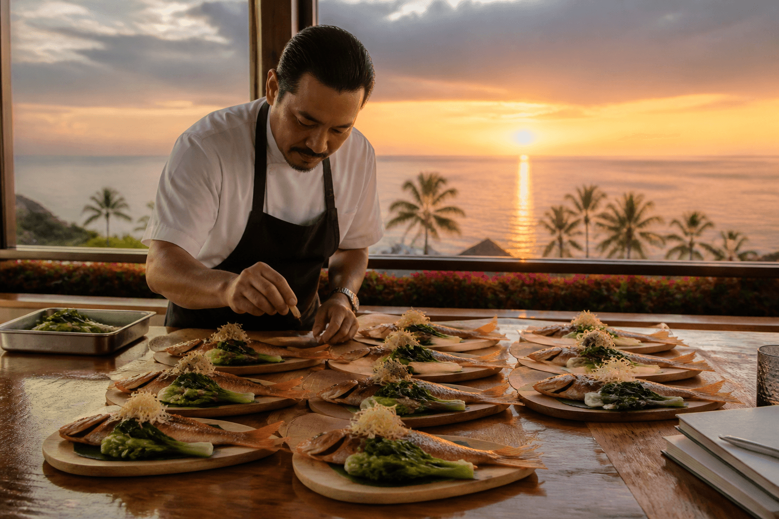 A chef plating identical board-dinner fish courses on a Wailea house table at west sunset, unused notebooks.
