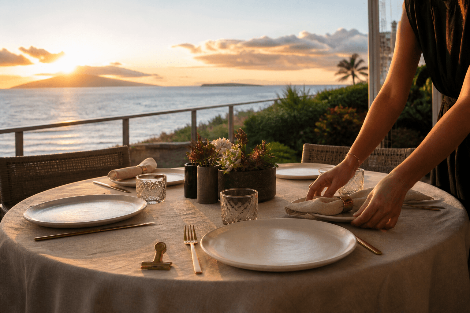 A Wailea lānai table being set at west winter sunset, unused ivory plates, sand linen, Pacific beyond.