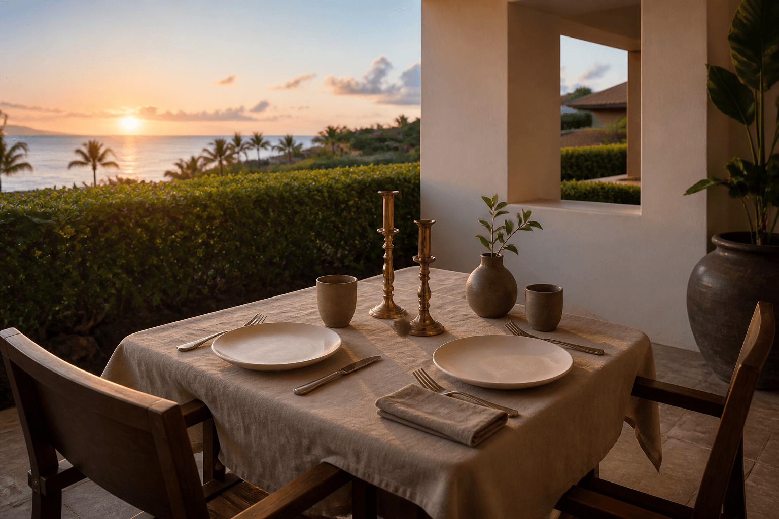 A Wailea lānai table set for two, empty ivory plates, unlit brass candleholders at west sunset.