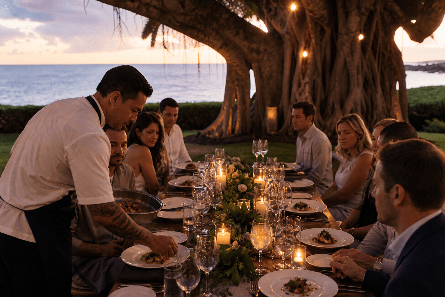 A chef plating a seated rehearsal dinner for about eight on a Wailea ocean lawn at dusk, candles.