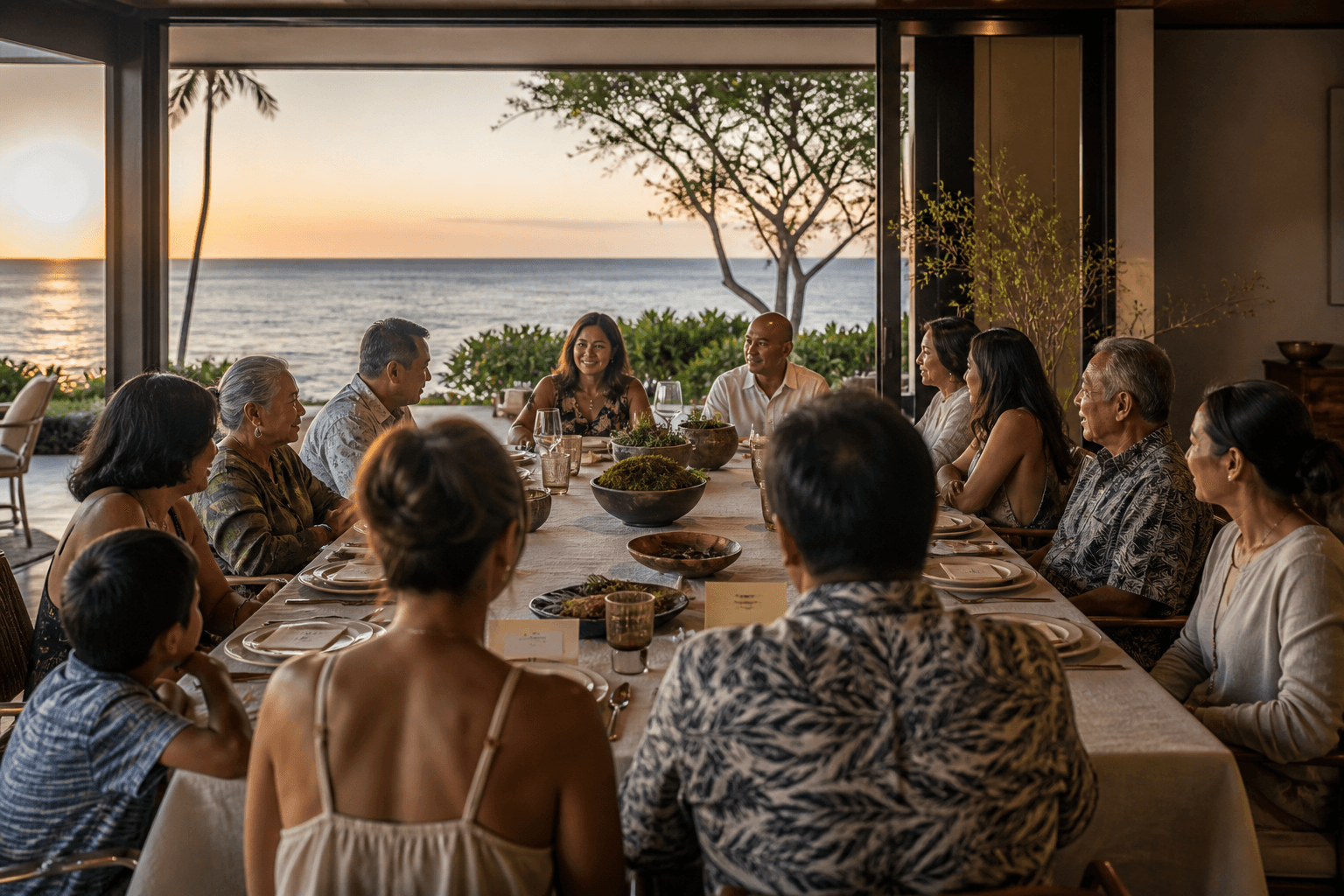 A long Wailea dining table set for a family, empty ivory plates, west sunset.