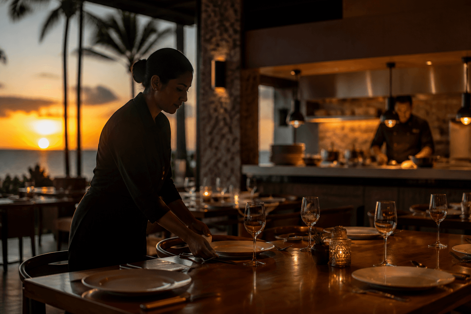 A server setting unused ivory plates on a Wailea dining table at sunset, chef at the pass, Pacific.