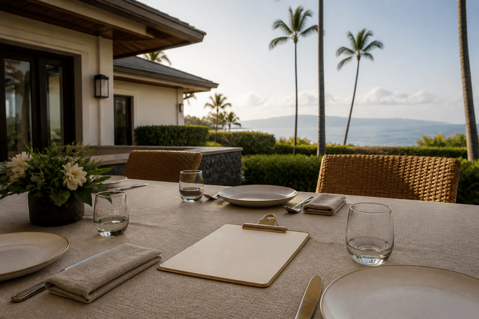 An empty Wailea lānai table in softer morning light, folded sand linen, unused ivory plates.