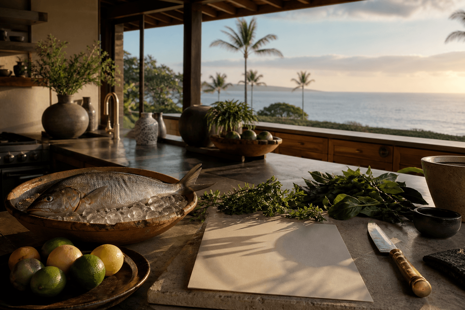 Whole fish on ice and unmarked citrus on a Wailea kitchen counter at west sunset.