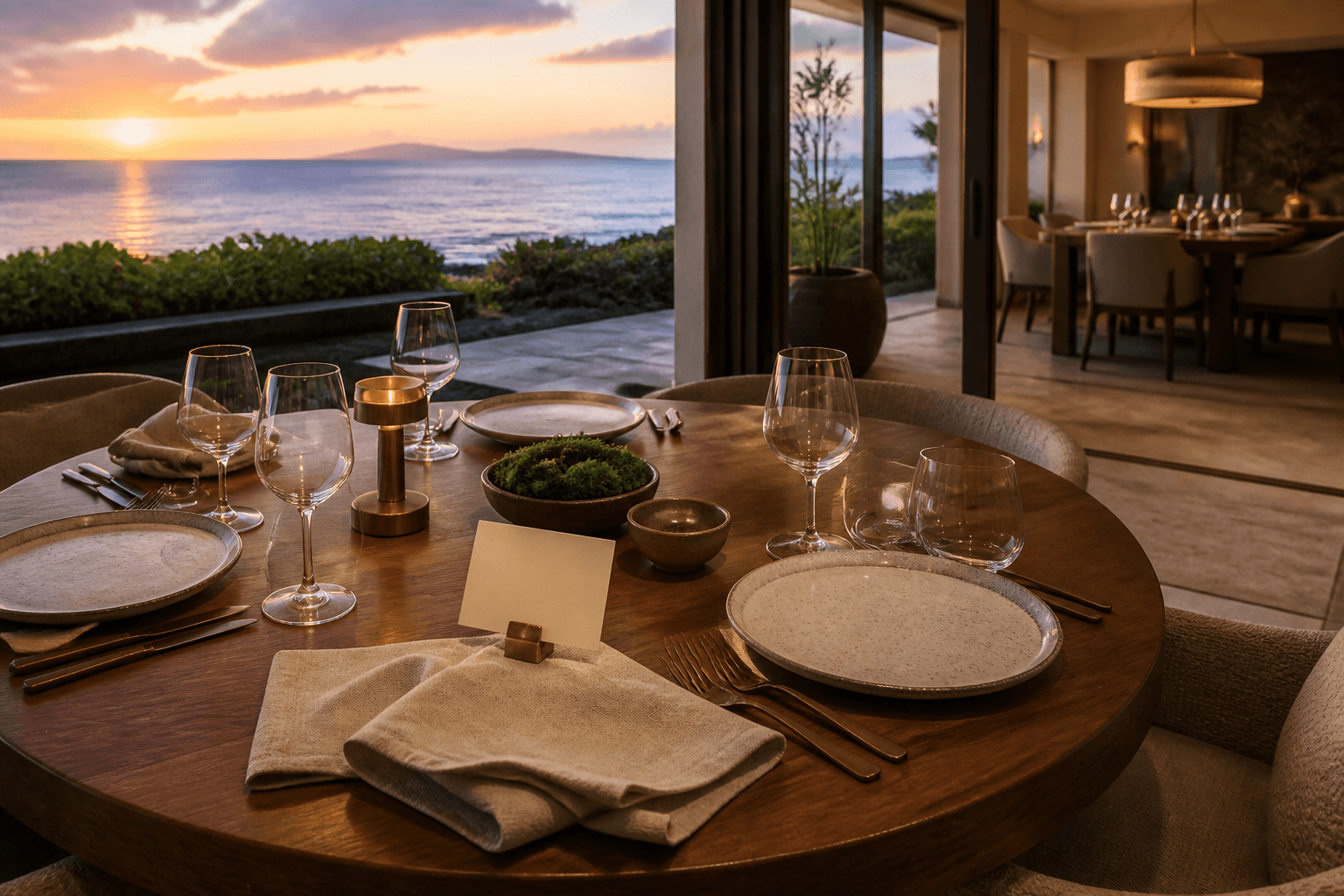 Folded sand linen on a Wailea outdoor table at west sunset, covered dining room beyond.