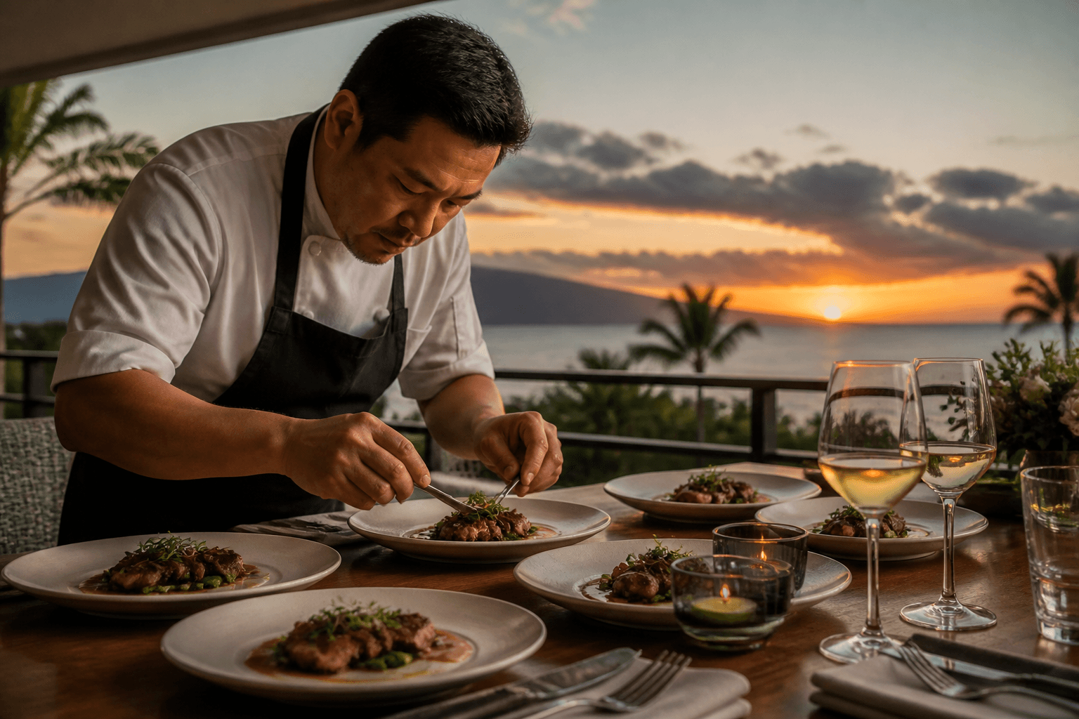 A chef plating a first-night welcome dinner on a Wailea lanai at dusk, Pacific sunset, ivory plates.