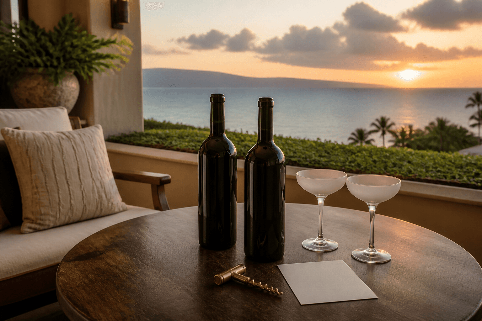 Unlabelled bottles and empty ivory coupes on a Wailea lānai table at west sunset.
