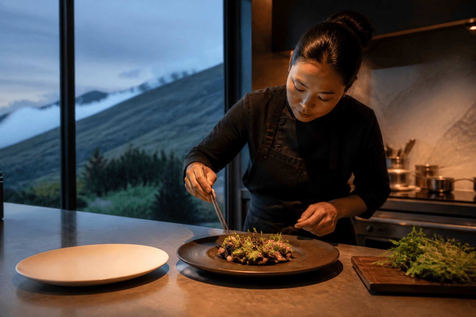 A Kula table on the Haleakalā slope — cooler elevation, plated greens and fish, cloud line below.