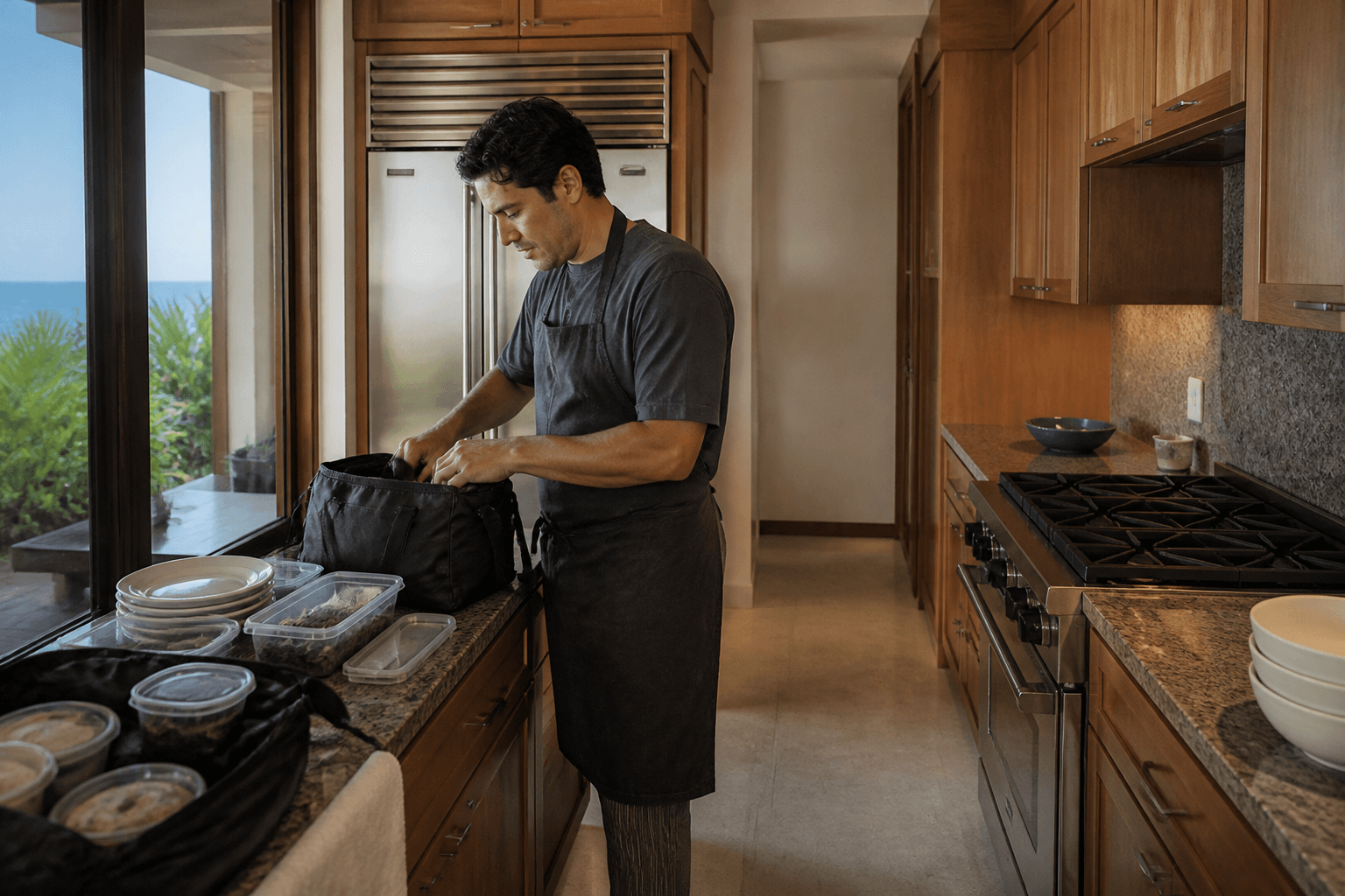 A Honokōwai condo kitchen on the West Maui strip — compact range, sunset, plated family fish.