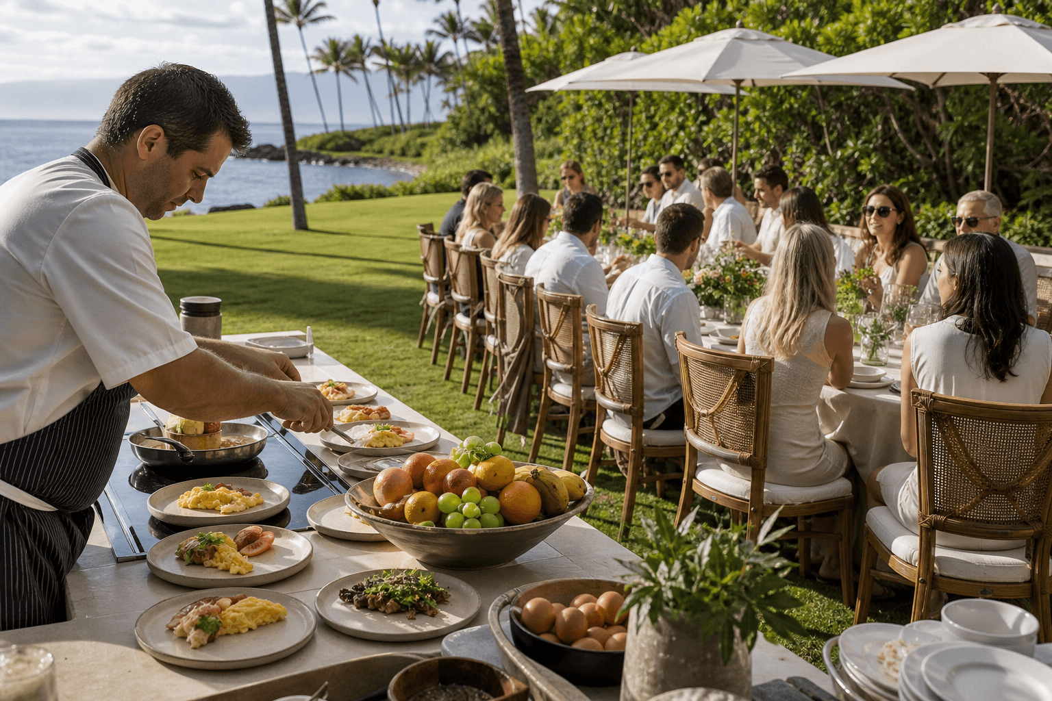 Maui wedding-week recovery brunch on a Wailea lawn in the morning — fruit, eggs, a small staffed list.