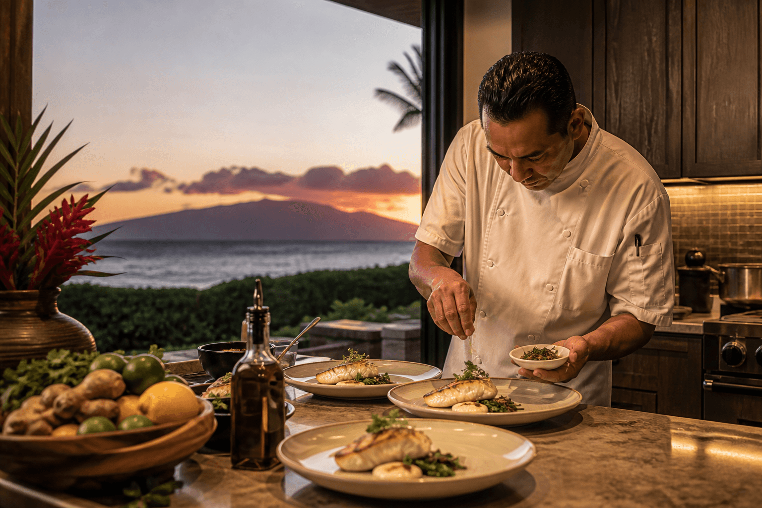 A Nāpili West Maui deck dinner at sunset — grilled fish, Molokaʻi across the channel, no Lahaina copy.