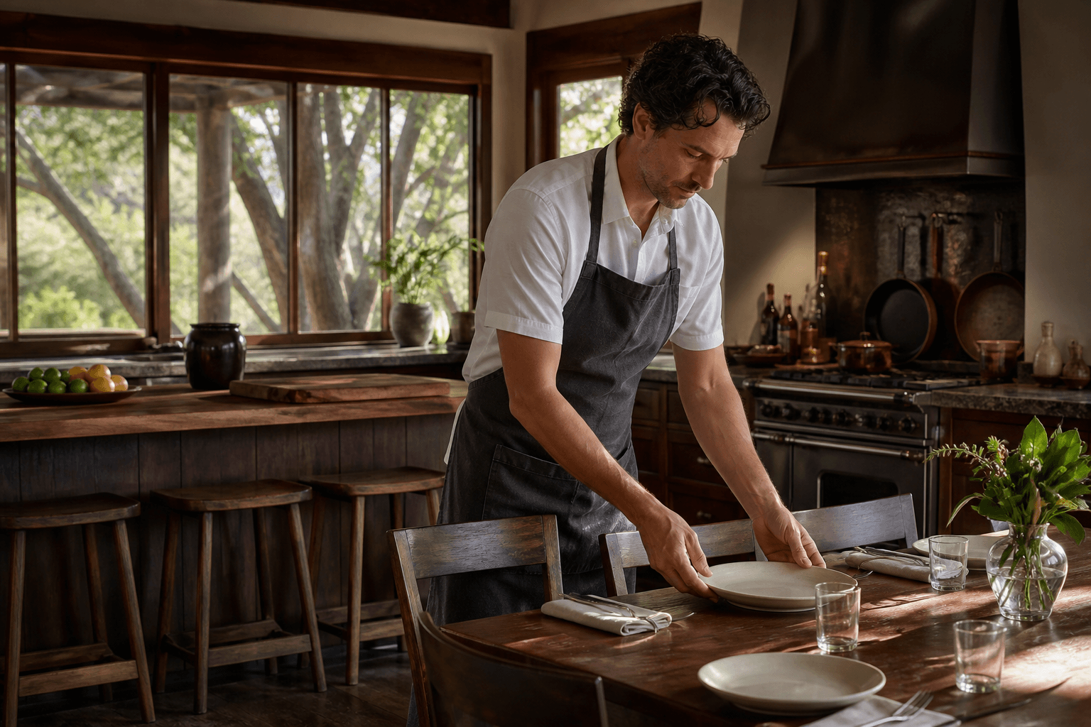 A Pāʻia North Shore estate kitchen — trade-wind light, plated fish, not a resort-residence corridor.