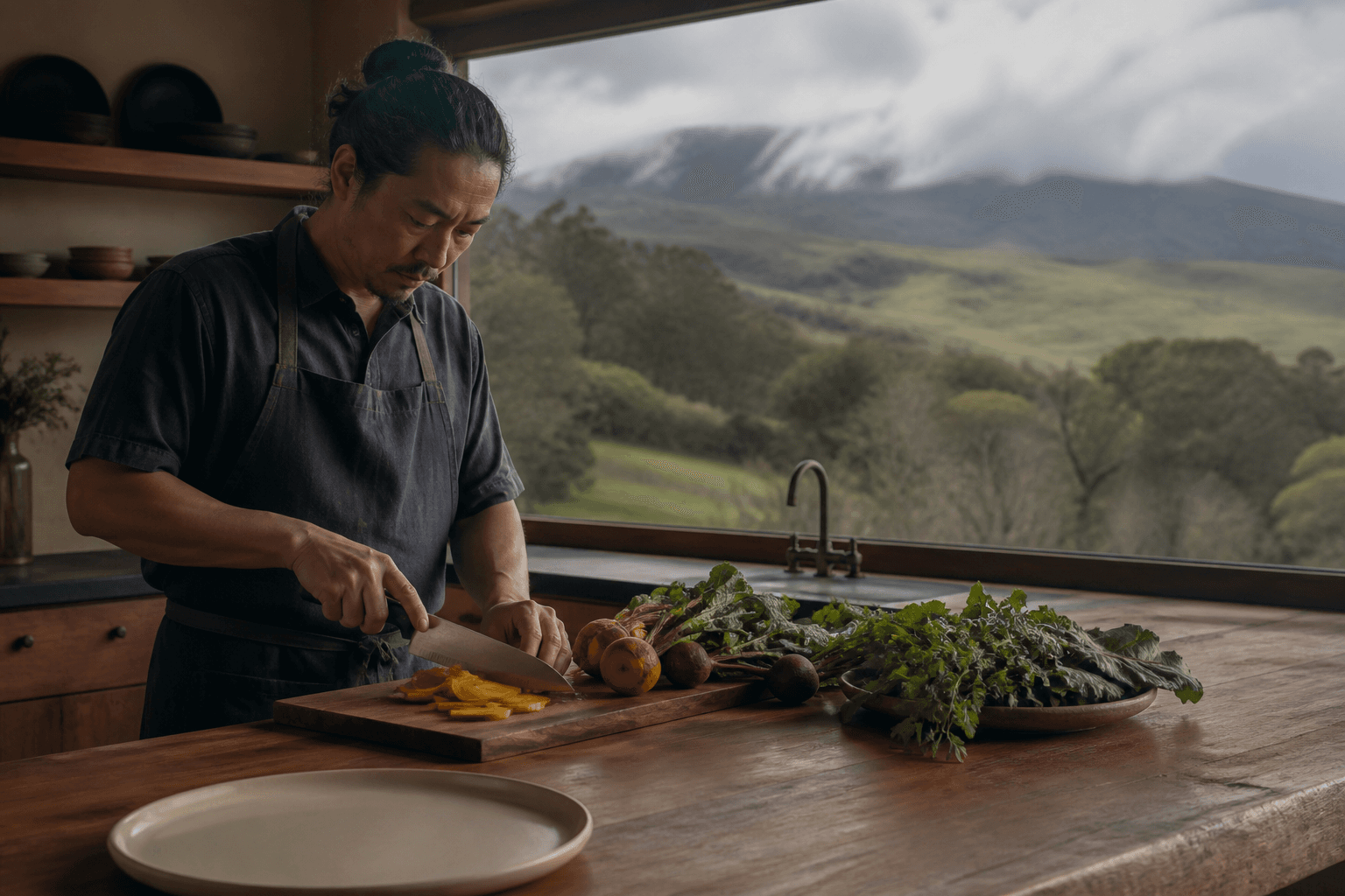 An Upcountry Maui estate table at elevation — cooler air, Haleakalā slope, plated fish and greens.