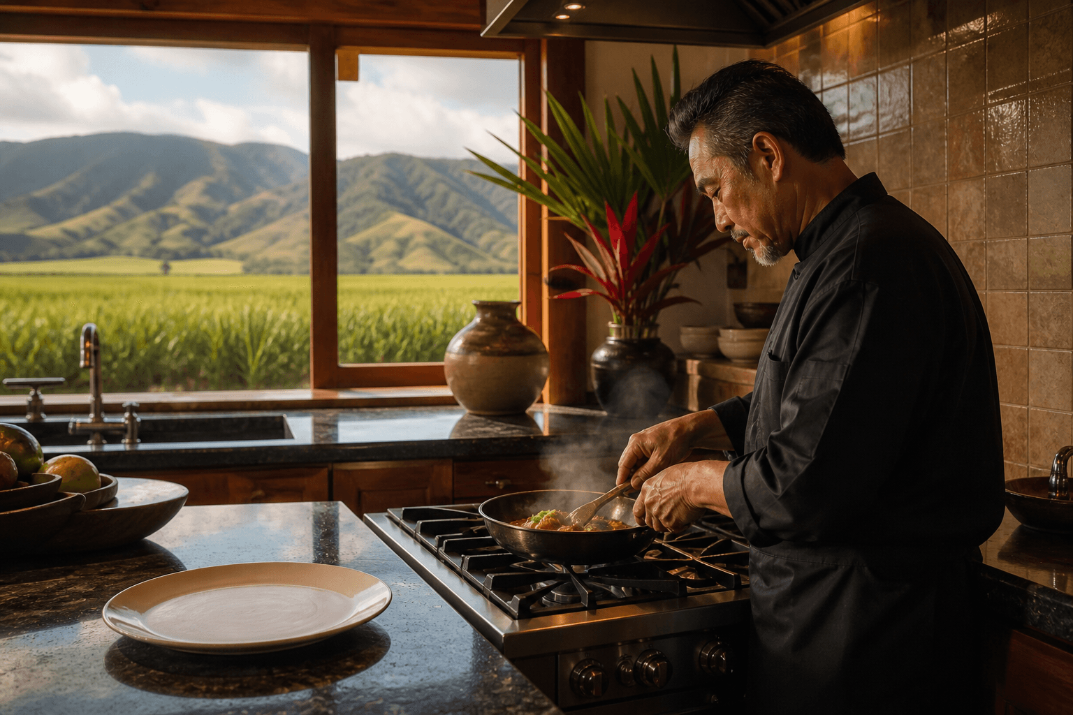 A Waikapū central-valley estate table — West Maui mountains inland, not a resort lawn.