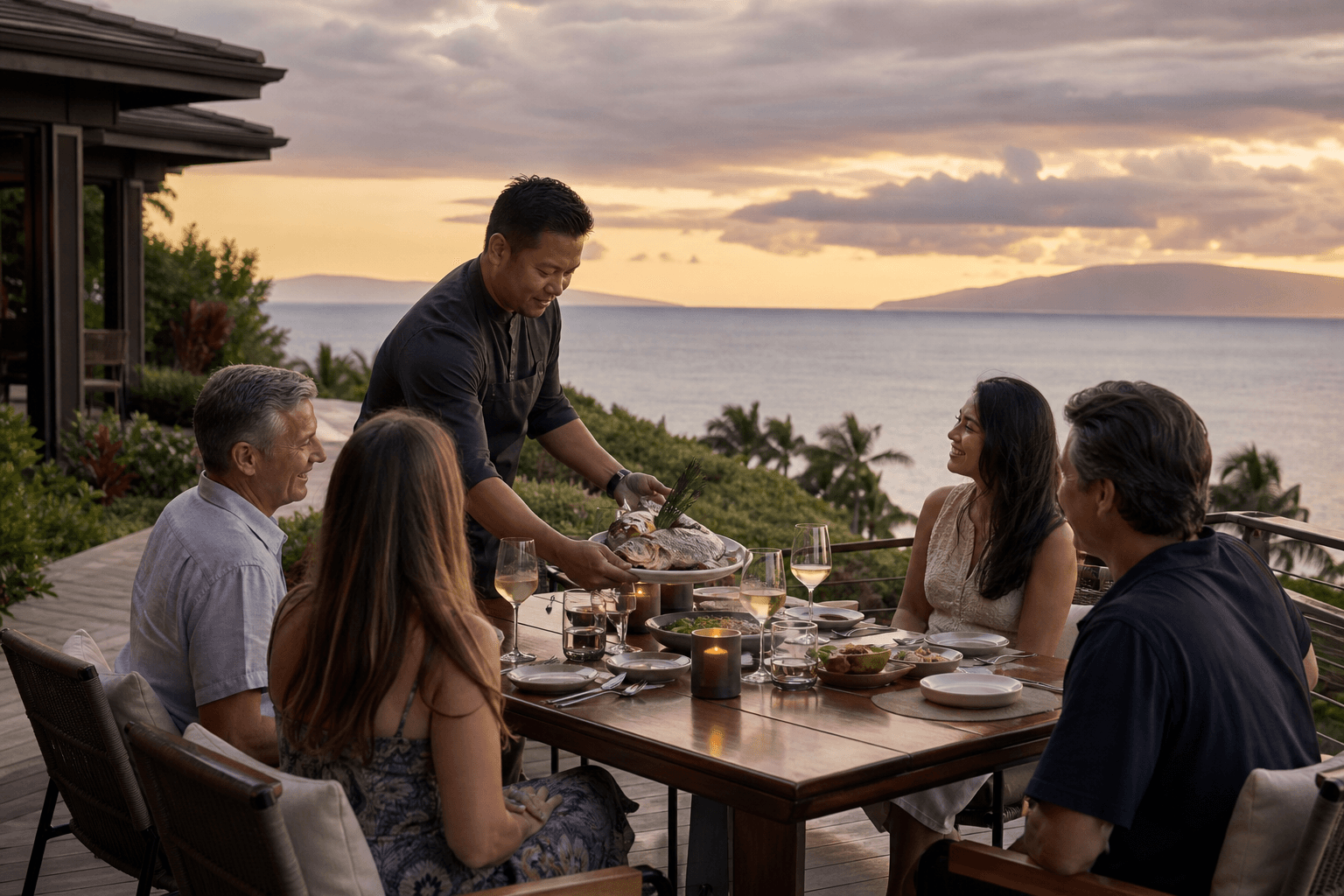 West Maui deck dinner at sunset — grilled fish, volcanic headland, Lānaʻi across the channel.