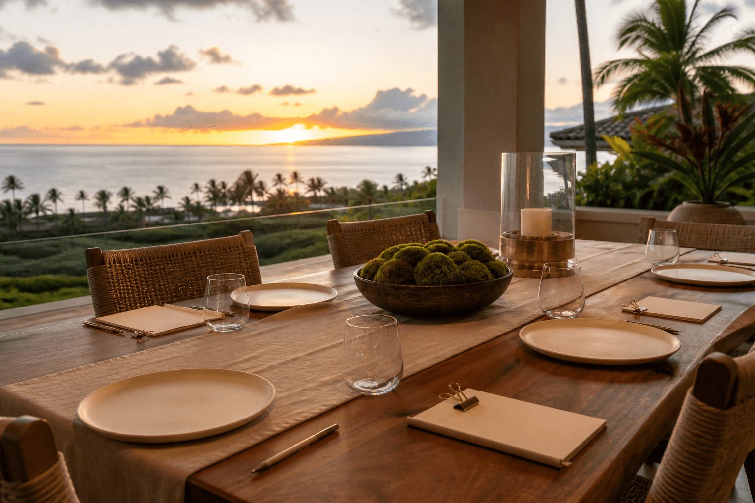 Unused ivory plates and unmarked papers on a Wailea dining table at west sunset.