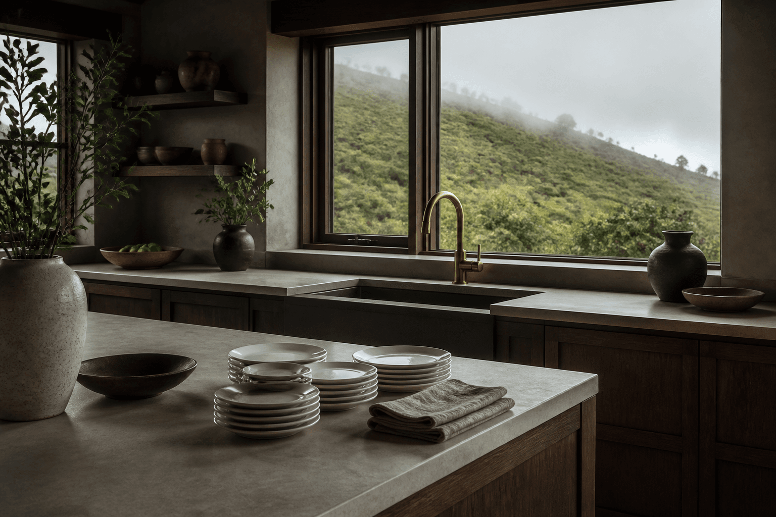 A Kula high-elevation kitchen in cooler light, unused ivory plates, moss-green slope.
