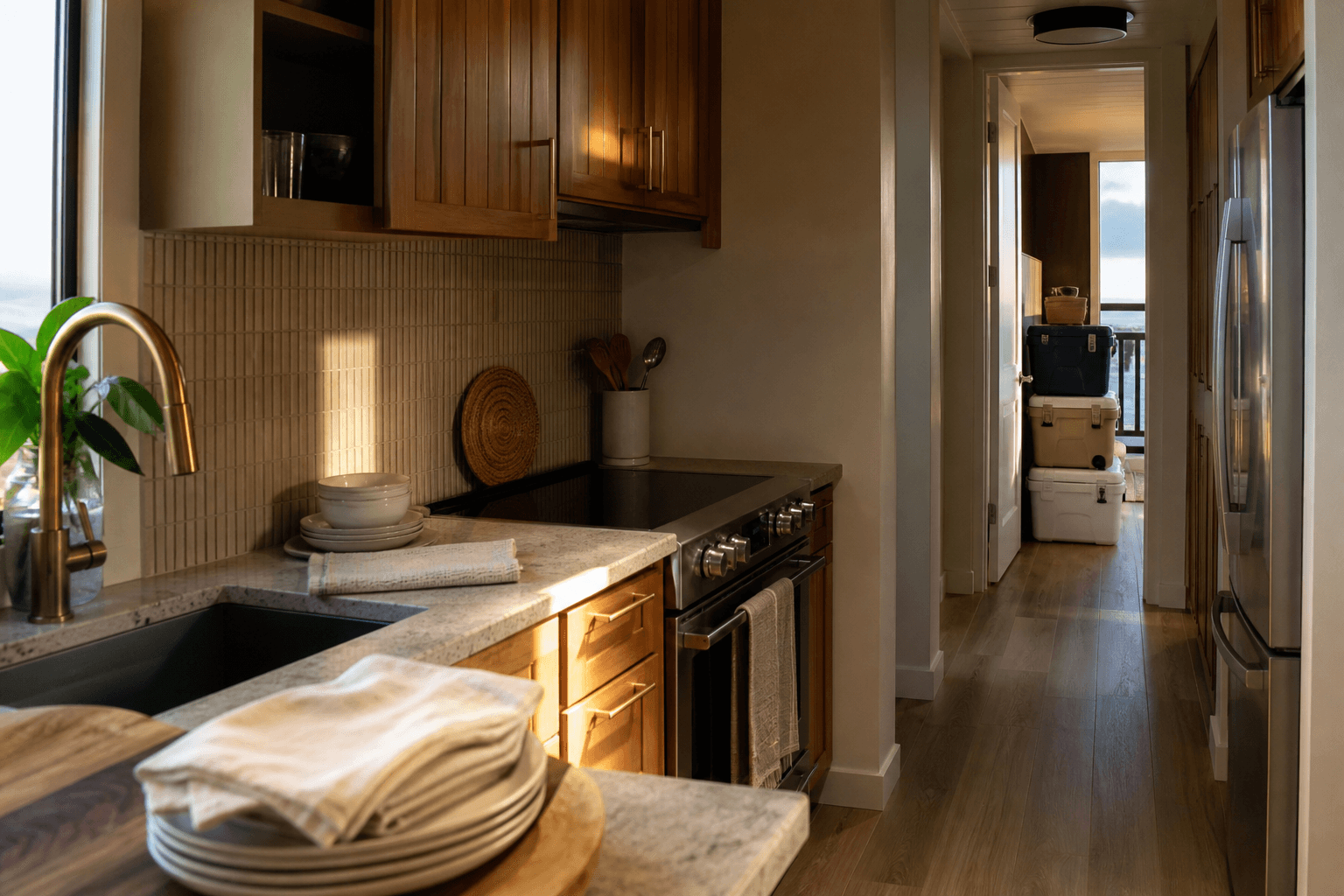 A Honokōwai condo kitchen at west sunset, compact range, unused ivory plates.