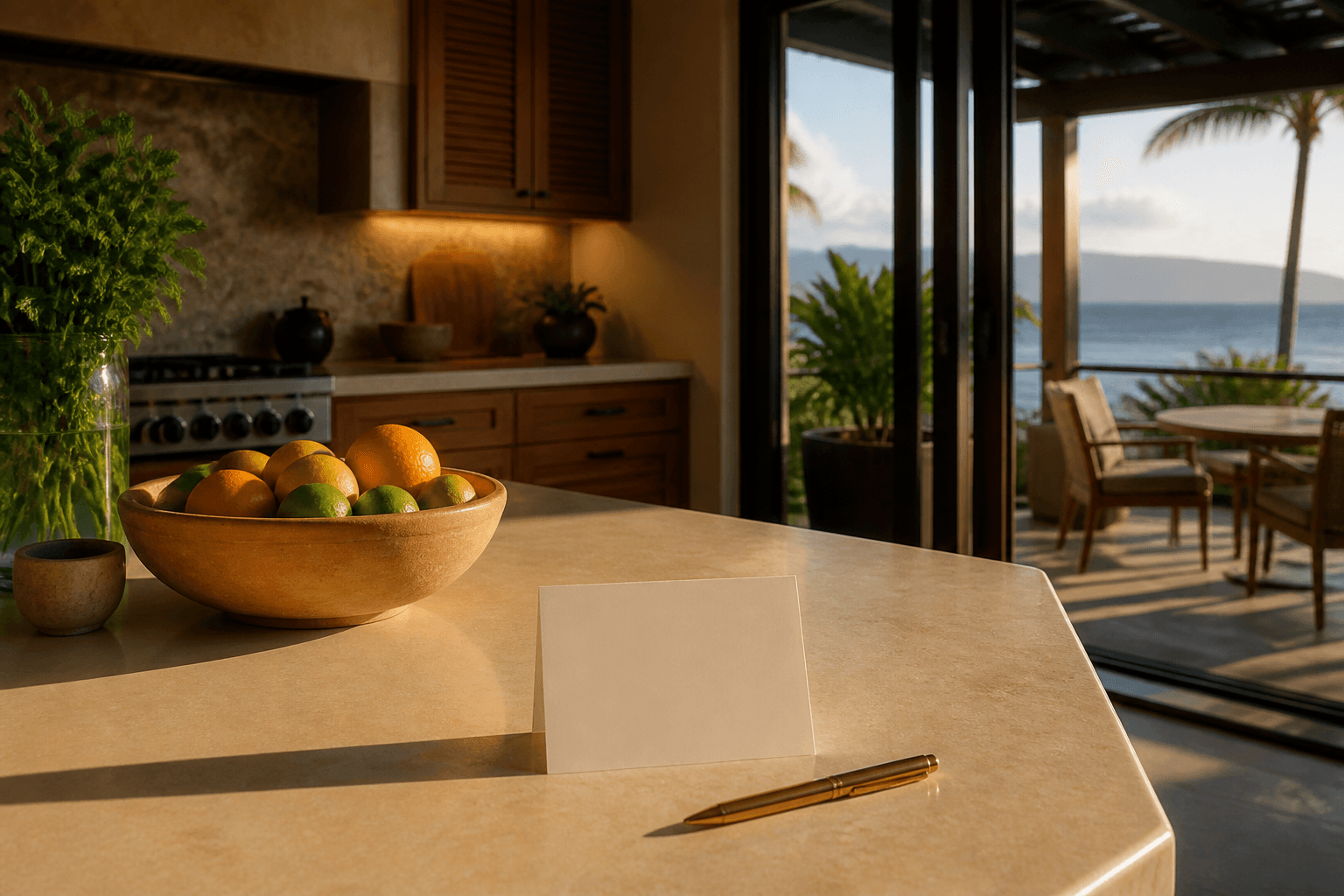 A Kāʻanapali villa kitchen in late light, blank cream card, West Maui Pacific beyond.