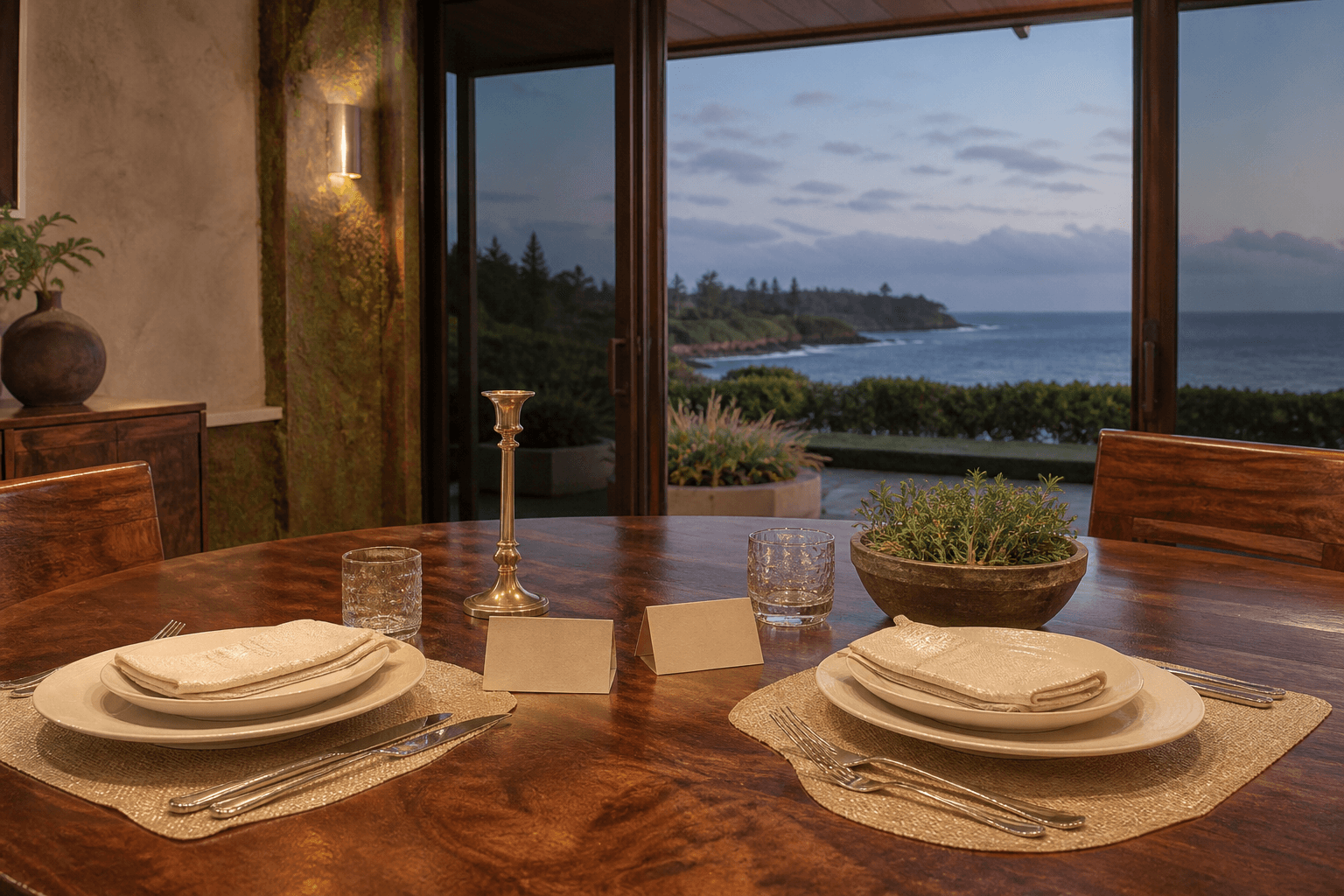 Two ivory place settings on a Kapalua estate table at dusk, blank cream cards, northwest coast.