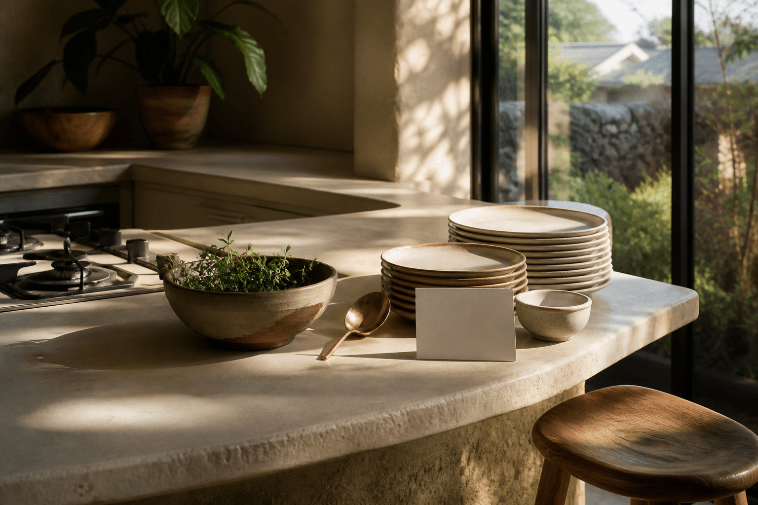 A Kīhei vacation-home cooktop, family plates and a blank cream card, residential South Maui light.