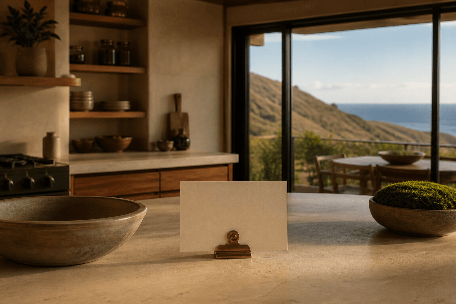 A West Maui villa kitchen counter, blank cream card, hills and Pacific beyond the sliders.