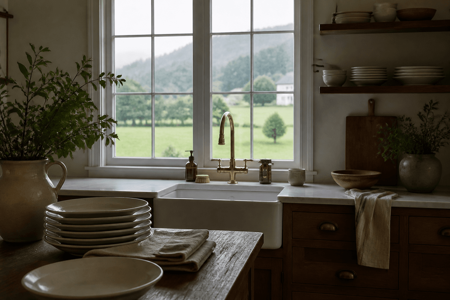 A Makawao Upcountry town kitchen in misty light, unused ivory plates, moss-green pasture.