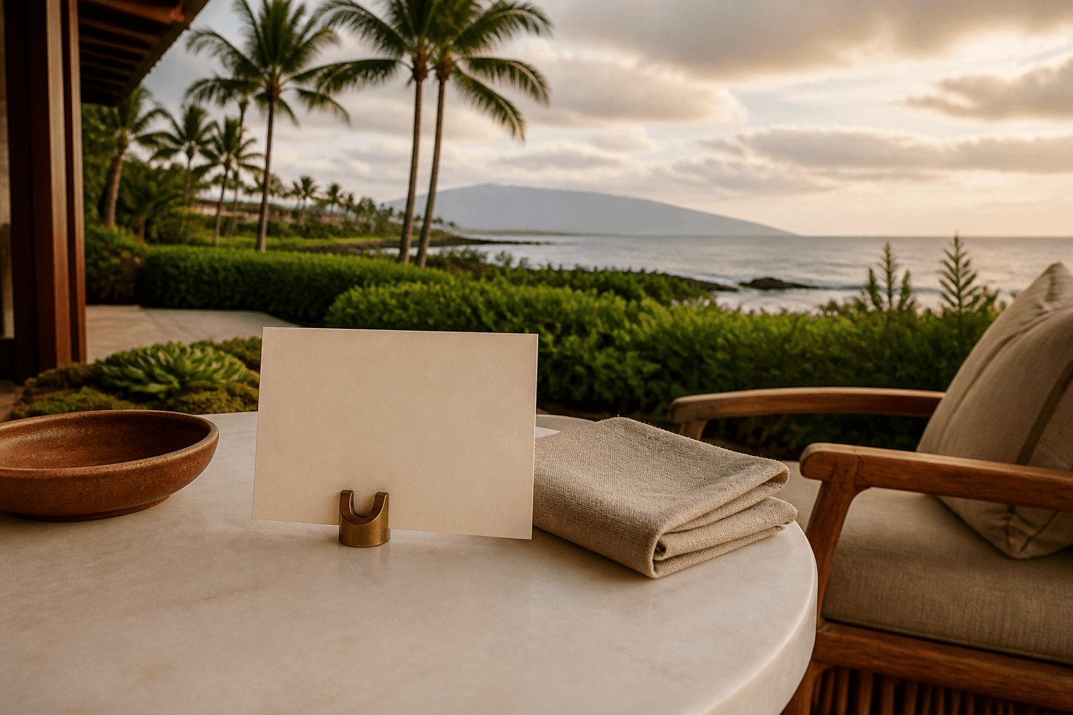A Makena lānai table south of Wailea, blank cream card and folded linen, quieter coast.
