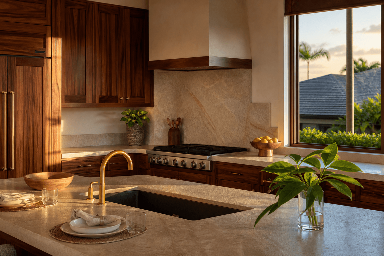 A Nāpili villa kitchen at west sunset, unused ivory plates, sand linen, brass faucet.