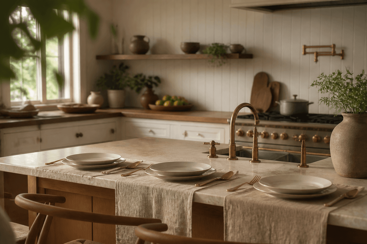 A Pāʻia house kitchen in softer light, unused ivory plates, sand linen.