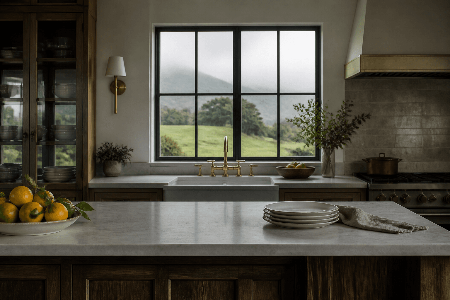 An Upcountry Maui estate kitchen in misty morning light, unused ivory plates, moss-green pasture.