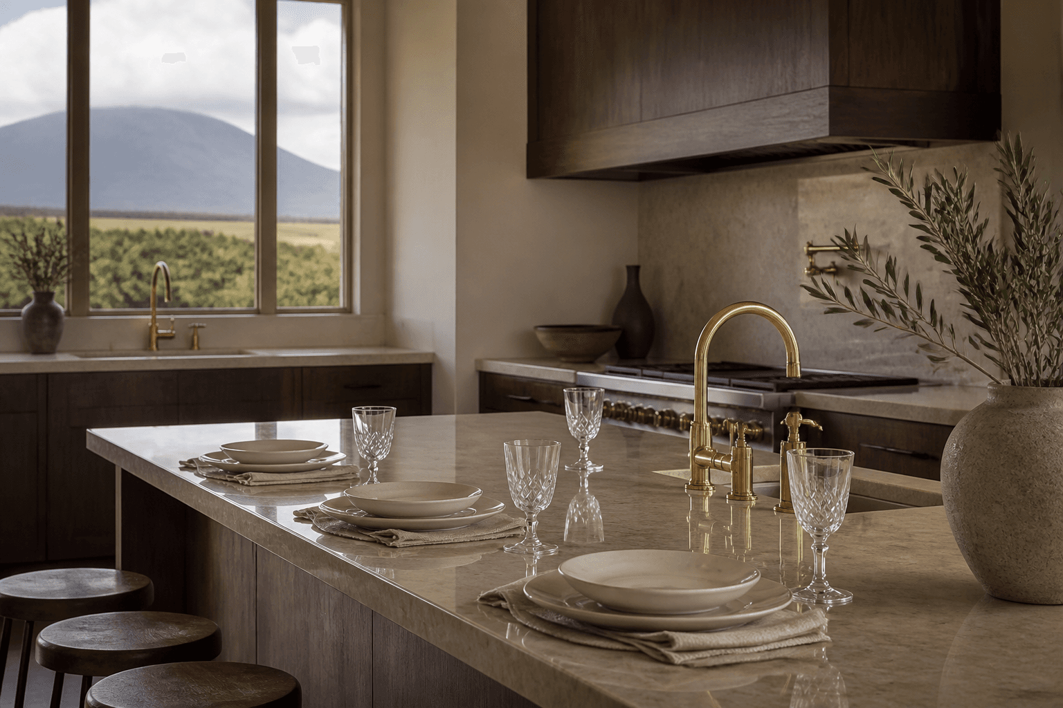 A Waikapū central-valley estate kitchen, unused ivory plates, dry valley light.