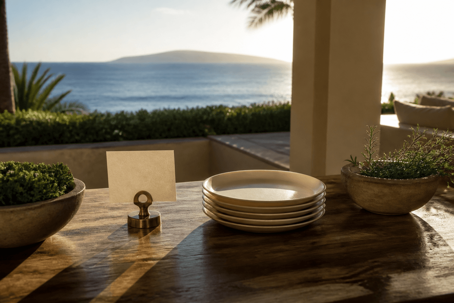 A Wailea lānai table at west sunset, blank cream card, Pacific and faint Molokini.