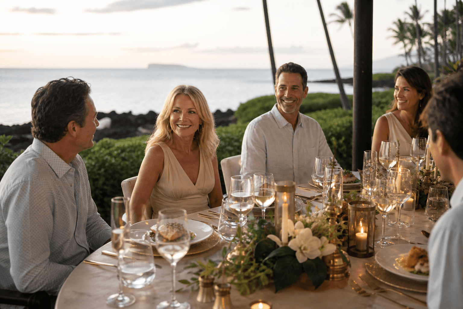A Wailea celebration dinner — plated fish for a small seated list, Molokini faint.