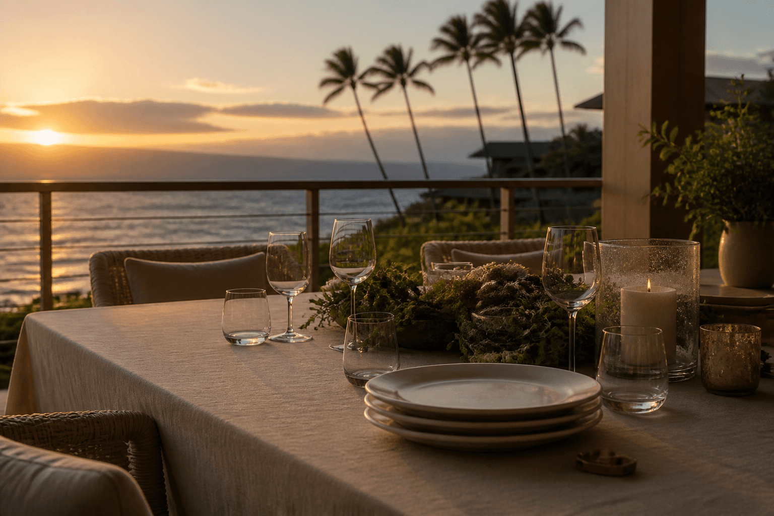 Unused ivory plates and empty glasses on a Wailea lānai table at west sunset.