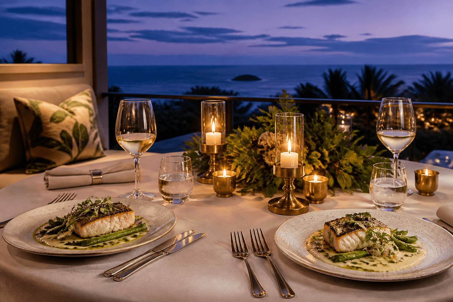 Two plated fish on a Wailea lānai at blue hour, Molokini faint.